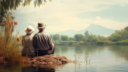 Fishing for two: the older couple on the river bank - obrazy, fototapety, plakaty