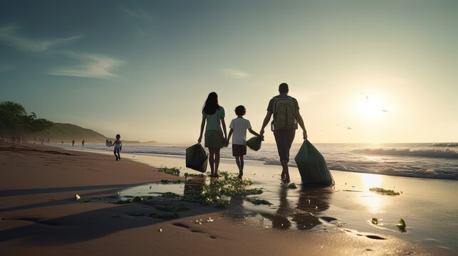 Eco-walk on the beach: a family picking up litter on the beach