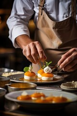 Chef garnishing desserts with precision in kitchen