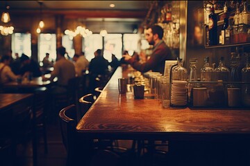 Warm café vibe with bartender and patrons - obrazy, fototapety, plakaty