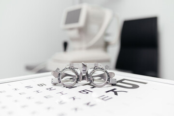 Glasses for checking eyesight. Eyeglasses selection on modern diagnostic equipment in an ophthalmic...