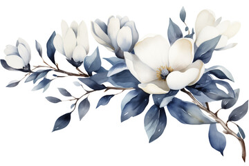 Navy blue Magnolia flower png, horizontal ivory and blue floral arrangement watercolor illustration isolated with a transparent background,  blossom flowers design