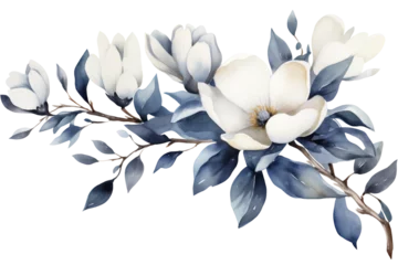 Foto op Canvas Navy blue Magnolia flower png, horizontal ivory and blue floral arrangement watercolor illustration isolated with a transparent background,  blossom flowers design © NadyaSaen 