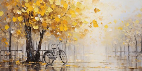 the painting of a yellow bicycle in an autumn scene near a tree, in the style of textured canvas, generative AI