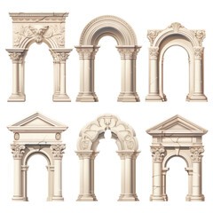 Naklejka premium Hyper realistic Elements of the architecture of buildings, ancient arches and columns, stucco and patterns isolated on transparent background.
