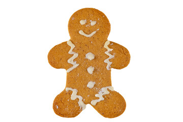 Cute fresh gingerbread man decorated with royal icing, isolated on white background. Christmas food, pastry background. New Year theme