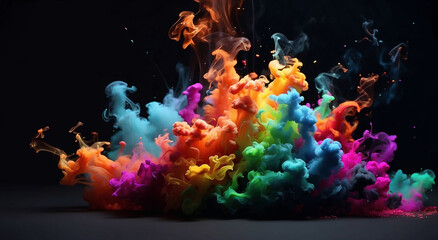 Vibrant Colorful Gradient Splash in a Spotlight, Set Against a Black Background with Wisps of Smoke - AI Generative
