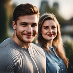 Fototapeta premium headshot photo of a young white Caucasian couple in love smiling man and woman, looking into the camera.