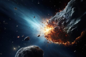 Cosmic Catastrophe. Asteroid Collision in Outer Space. Fiery explosion and flash. Flying comet or meteorite in space. Mysterious space and science fiction concept