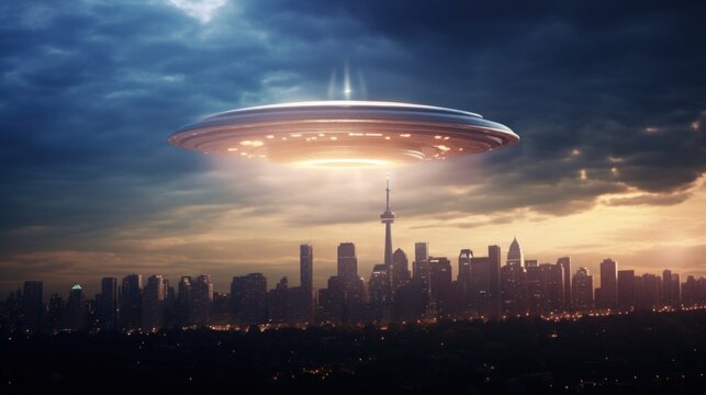 Unidentified Flying Object (UFO) hovering over a city skyline during a serene night. Futuristic alien spaceship. Concept of existence of alien intelligence