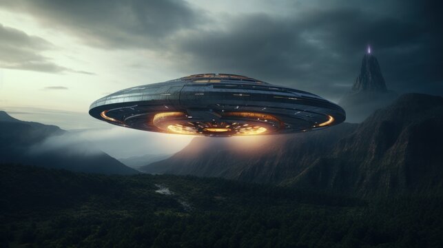 UFO. Futuristic alien spaceship flying over a misty valley with a volcano in the background, depicting a scene from a science fiction narrative. Concept of existence of alien intelligence