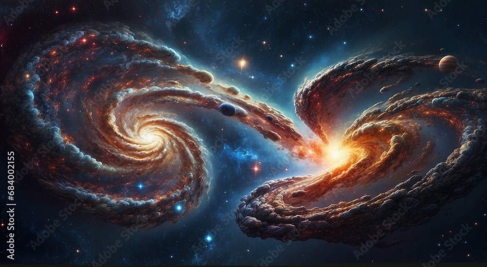 Wall mural cosmic clash: realistic depiction of the collision between two galaxies in space - ai generative