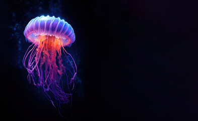  Beautiful glowing jellyfish at depth. The concept of the underwater world and the ecology of the ocean - obrazy, fototapety, plakaty