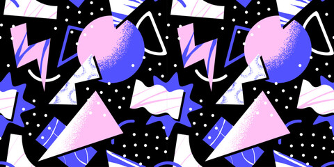 Retro geometric shape seamless pattern. Creative abstract 90s style background for fun trendy project. Simple art drawing wallpaper print, contemporary texture design.