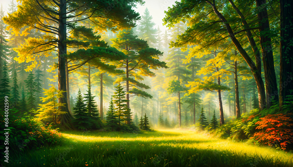 Wall mural magical forest with sunny light through the branches of trees. wooded area with plants and grass. cr