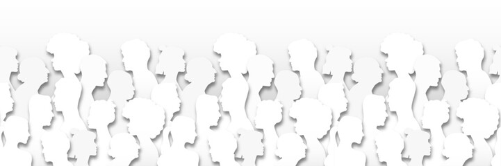 Paper cut people crowd seamless pattern. Diverse 3D papercut community, big cultural diversity group background illustration in realistic cutout style. Origami social team wallpaper texture.