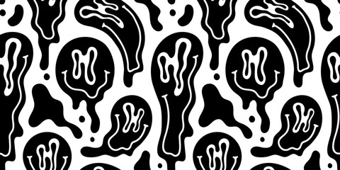 Funny melting smiling happy face cartoon seamless pattern. Retro psychedelic smile black and white background texture. Trendy character doodle wallpaper.