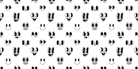 Funny retro cartoon character face seamless pattern. Black and white vintage animation art style background. Trendy 50s mascot texture print, facial expression graphic wallpaper drawing. © Dedraw Studio