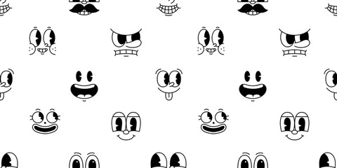 Funny retro cartoon character face seamless pattern. Black and white vintage animation art style background. Trendy 50s mascot texture print, facial expression graphic wallpaper drawing.