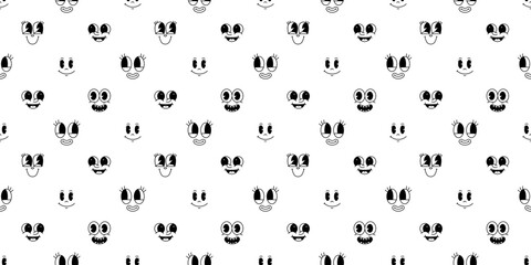 Funny retro cartoon character face seamless pattern. Black and white vintage animation art style background. Trendy 50s mascot texture print, facial expression graphic wallpaper drawing.