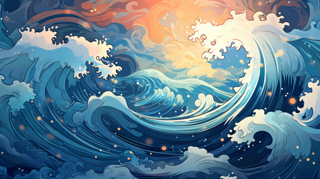 Hokusai style rough sea ocean waves background. Abstract Japanese wave wallpaper. Generative ai