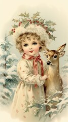 vintage card xmas christmas tree and girl, ai