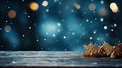  a festive holiday composition on a wooden surface with golden pine cones and snowflakes, set against a blurred background of twinkling blue lights, creating a cozy and magical Christmas atmosphere.