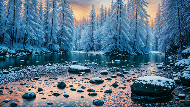 Winter landscape - view of a mountain river in a winter forest after a snowfall. Created using generative AI tools