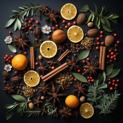 Obraz na płótnie Canvas An artistic array of spices and citrus on a dark backdrop, with cinnamon, star anise, and vibrant berries creating a natural and fragrant composition.