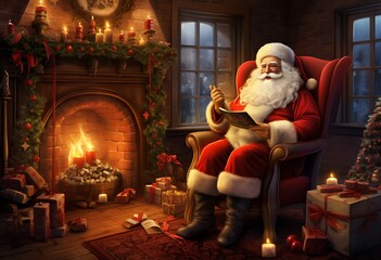 Santa Claus sitting in an armchair by the fireplace and reading a book.