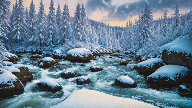 Winter landscape - view of a mountain river in a winter forest after a snowfall. Created using generative AI tools
