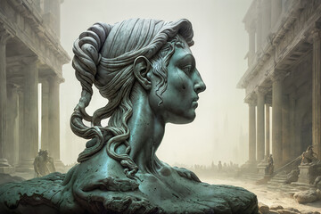 Close-up view of an antique sculpture of the head of an ancient goddess in the ruins of an ancient civilization. Created using generative AI tools