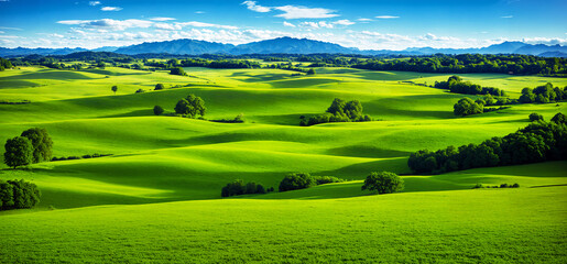 Fototapeta na wymiar Beautiful green valley with green fields and hills. Natural summer background, nature landscape wallpaper, banner. Created using generative AI tools