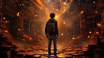 chłopak stojący przodem do płonącej biblioteki