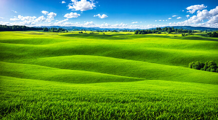 Fototapeta na wymiar Beautiful green valley with green fields and hills. Natural summer background, nature landscape wallpaper. Created using generative AI tools