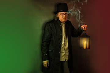 Scrooge with a lantern, smoke, two-tone background, and space for text