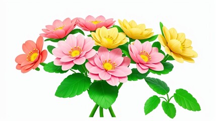 Colorful flowers with  leaves floral Clipart, high quality resolution, beautiful flowers, 3d  design. 

