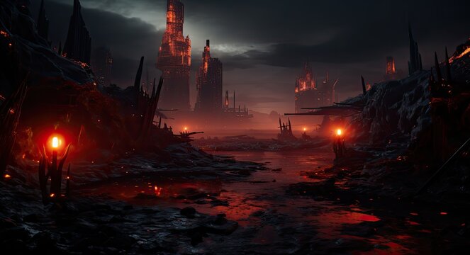 widok noca przy czerwonym niebie zniszczonego miasta