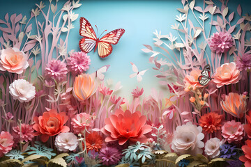 An enchanting papercraft garden filled with blooming flowers and fluttering butterflies, crafted with meticulous paper art techniques. Ai Generated.NO.01