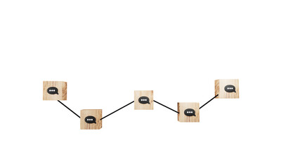 Wooden cubes with texting message chat link speech bubble each other on blue background.3d illustration.