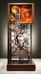A 3D mixed media exhibit with sculptures combining metal, wood, and glass elements.