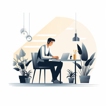 Graphic Illustration of a business professional working at a desk on his laptop. Perfect clipart image to be used in presentations, slideshows, etc. Created with Generative AI technology