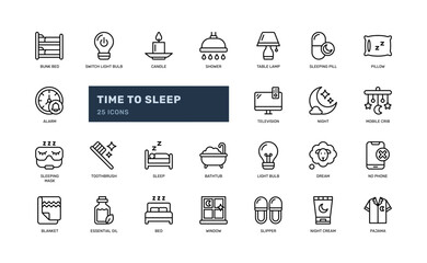sleep related and activity everyday for bed time relax rest detailed outline line icon set