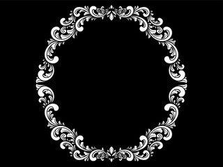 a black and white floral frame on a black background