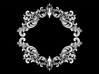 a black and white floral frame on a black background