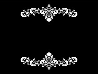 a black and white floral frame on a black background
