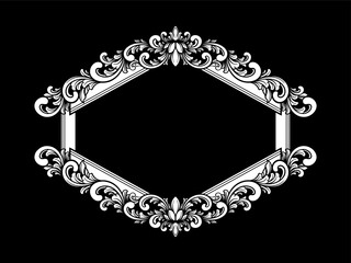a black and white floral frame on a black background