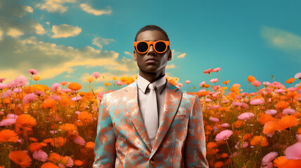 A modern black man visiting the nature. Young man in the field frash spring flowers is standing and posing.