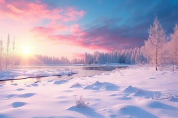Breathtaking Winter Wonderland Illuminated by Radiant Sunlight Generative AI