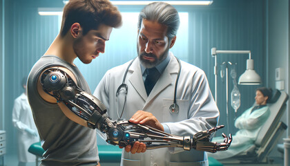 Médecin intervenant sur un patient avec un bras de robot - obrazy, fototapety, plakaty